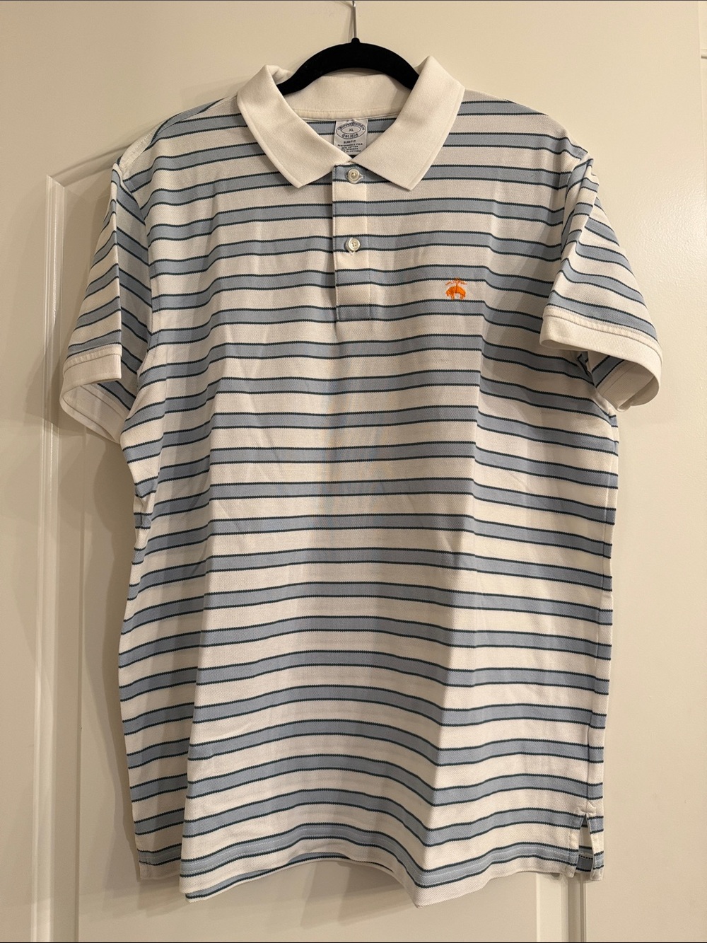 Brooks Brothers White Polo with Light Blue Stripes and Orange Logo, slim fit